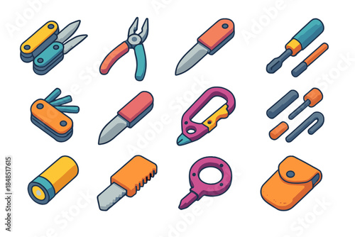 Isometric Tool Icons. Portable Tool Essentials isometric flat set: compact multitool, needle-nose pliers, serrated blade, bit driver, hex key tool, cutter edge, carabiner multitool