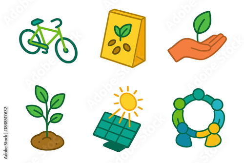 Sustainable Icon Set. Collective Green Efforts isometric flat set: shared bike icon, seed exchange packet, conservation hand, solar ray, tree sapling, group circle.