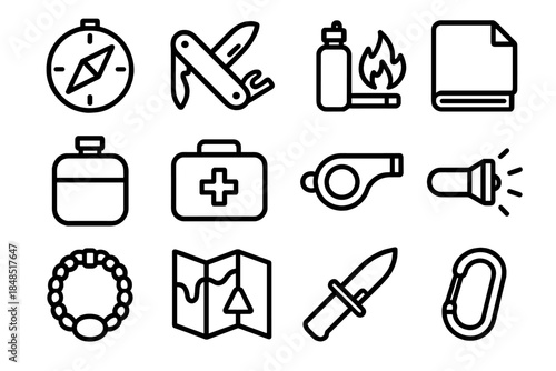 Camping Gear Icons. Camping & Survival Gear linear set: navigation compass tile, multi-purpose knife node, fire starter bar, emergency blanket ring, water container patch,