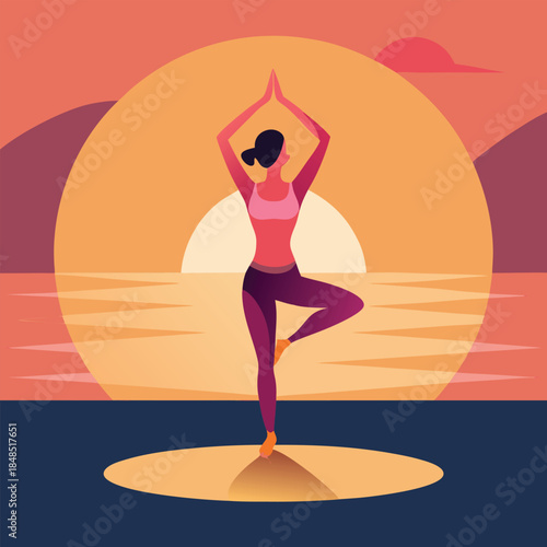 Woman practicing yoga tree pose at sunset over the ocean with vibrant orange sky fitness exercise