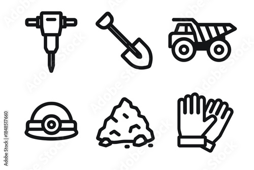 Outline Mining Icons. Core Mining Gear Set linear set: jackhammer, shovel, haul truck silhouette, headlamp, rubble pile, protective gloves.