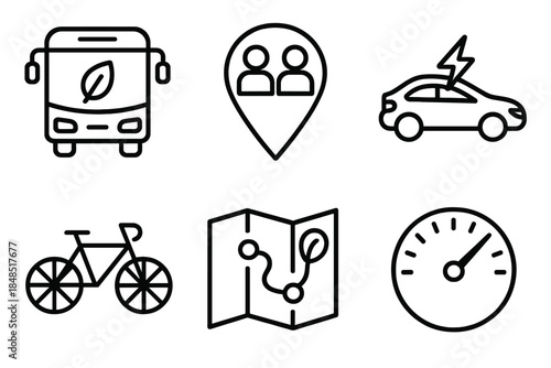 Eco-Friendly Transport Icons. Sustainable Transport Set linear set: green transit symbol, shared ride marker, clean energy boost, lightweight frame, eco-route map, efficiency dial.