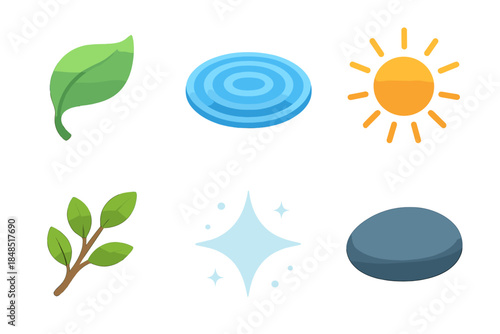 Nature-Inspired Icon Set. Nature-Inspired Calm isometric flat set: soft leaf curl, gentle water ripple, warm sun ray, quiet branch, open sky glow, smooth stone.