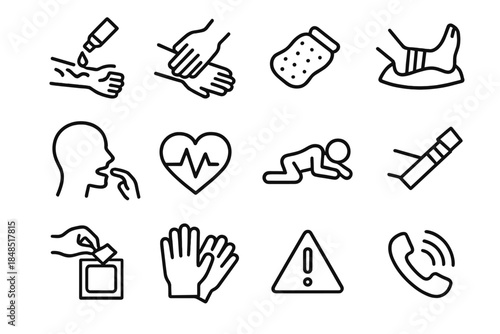 First Aid Icons. First Response Procedures linear set: wound wash, gauze press, cold gel pack, elevated foot, airway test, pulse line, rest position, splint bar, antiseptic pad,