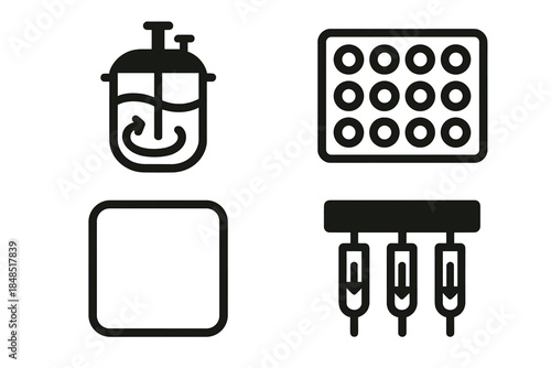 Bold Biotech Icons. Cell-Based Production Platforms silhouette set: bioreactor vessel, cell scaffold tray, nutrient-flow manifold.