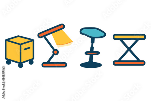 Modern Office Icons. Dynamic Office Layouts flat set: rolling storage cube, swivel light bar, adjustable perch stool.