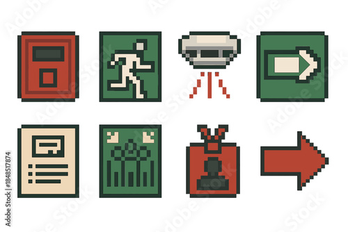 Fire Safety Icons. Fire safety practice elements set of icons in flat pixel vector style: pull station icon, escape route, smoke alarm, exit marker, instruction sheet, group