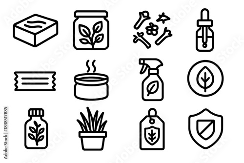 Botanical Protection Icons. Botanical Protection Suite linear set: camphor block, herb garden jar, spicy clove mix, essential oil dropper, natural barrier strip, scented wax pot,