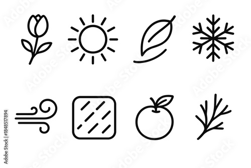 Nature's Seasonal Icons. Nature Season Elements linear set: budding flower, bright sun ring, falling leaf curve, frosty crystal, seasonal wind sweep, rain tile, ripe fruit icon,