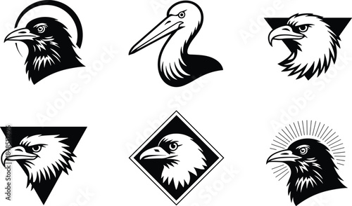 Black and white bird head in various shapes eagle raptor