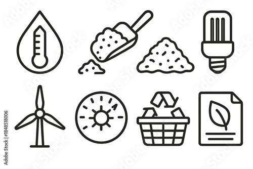 Eco Resource Icons. Eco resource management linear set: water gauge, compost scoop, garden mulch, LED lamp, wind turbine icon, efficient heating dial, reuse basket, conservation