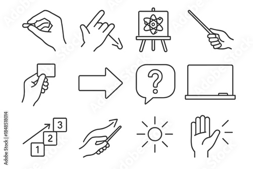 Classroom Icon Set. Classroom Demonstration Set linear set: chalk-holding hand, diagram gesture, model display icon, pointing stick, example item lift, sequence arrow, question cue