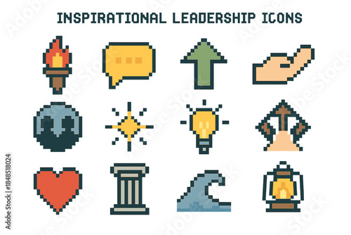 Inspirational Leadership Icons. Inspirational Leadership Icons pixel style set: rising torch, motivational speech bubble, uplift arrow, supportive hand, shared vision circle,