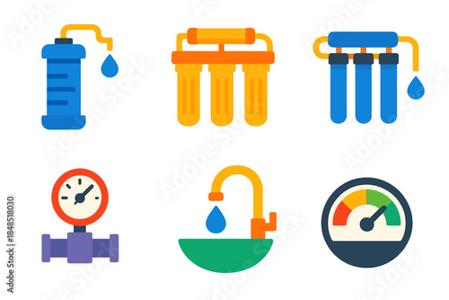 Modern Water Purification Icons. Advanced Purification Systems flat set: membrane filter unit, multi-stage cartridge, reverse-osmosis icon, pressure valve, clean output stream,
