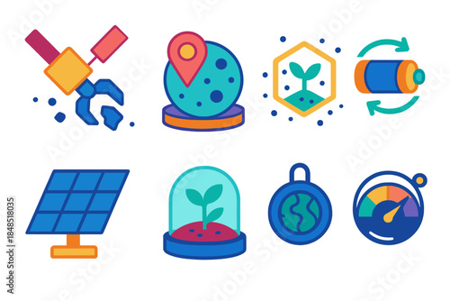 Space Ecology Icons. Space ecology initiatives flat set: debris removal tool, environmental scan node, protective habitat tile, resource loop canister, solar array plate,