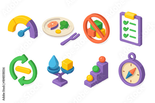 Sustainable Living Icons. Moderation Lifestyle Set flat isometric set: mindful limit gauge, modest portion plate, non-accumulation symbol, essential inventory list, reuse loop bar,