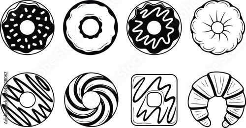 Eight Different Types of Donuts in Black and White