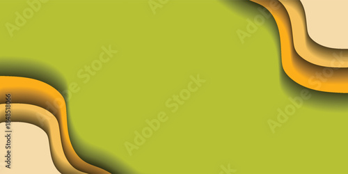 Abstract green background with wavy layered orange and brown paper cut style shapes in opposite corners, creating a modern design.