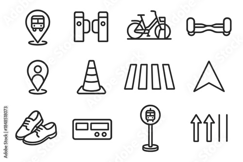 Urban Commute Icons. Daily Commute Elements linear set: bus route marker, metro gate, shared bike dock, hoverboard icon, ride-hail pickup point, traffic cone, zebra crossing,