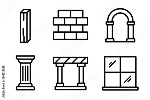 Architectural Evolution Icons. Built Environment Progression linear set: timber post, masonry block, vaulted arch, column support, reinforced beam, glass wall icon.