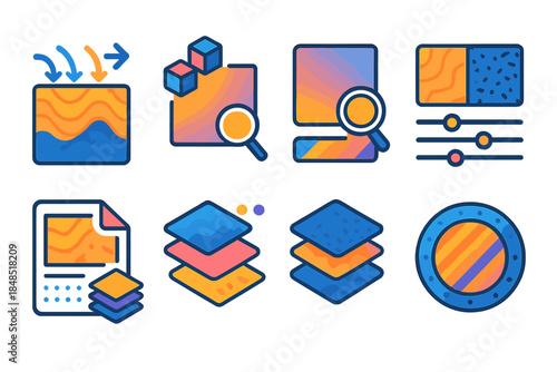 Dynamic Texture Icons. Adaptive Texture Rendering flat set: dynamic texture tile, resolution-shift patch, real-time detail scaler, adaptive roughness map, context-aware bump layer,