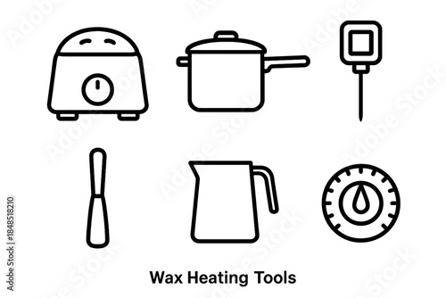 Wax Heating Tools Icons. Wax Heating Tools linear set: electric wax warmer, metal pot, thermometer probe, wax scraper, pouring pitcher, safety dial.
