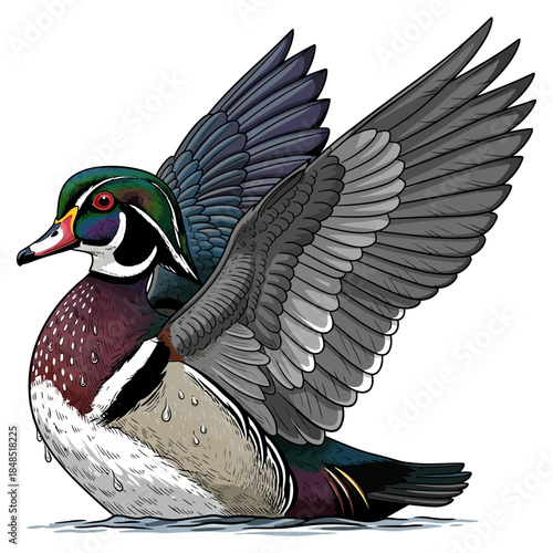 Wood duck male swimming in water with splashing ripples vector illustration isolated on white