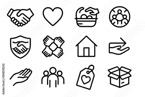 Support Icons Collection. Local Support Elements linear set: handshake pair, open heart, shared basket, talk circle, care emblem, unity ring, home hub, outreach arrow, supportive