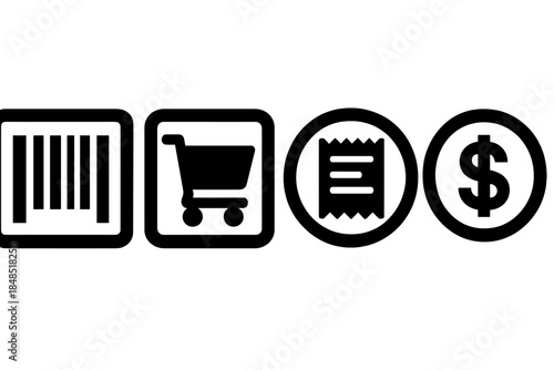 Brutalist Checkout Icons. Automated Checkout UI silhouette set: barcode cue tile, cart summary box, receipt option chip.