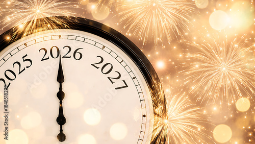 Clock face with 2026 at the midnight position surrounded by golden exploding fireworks and sparkling light effects for new year countdown and celebration concept