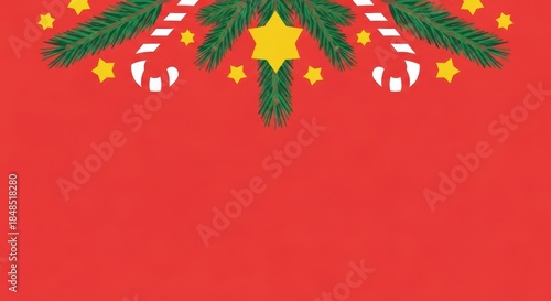 Christmas Garland Decorated With Yellow Stars And Candy Canes On A Red Background