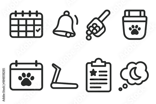 Pet Care Icons. Organized Pet Schedule linear set: weekly planner, reminder bell, feeding portion scoop, treat pouch, grooming calendar, exercise slot, behavior note, rest time