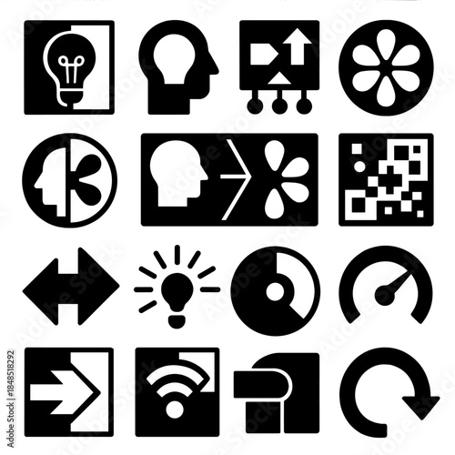 Human-AI Icons Series. Human–AI Creative Fusion silhouette set: dual-input idea tile, hybrid inspiration node, generative remix bar, concept synergy ring, adaptive creation cue,