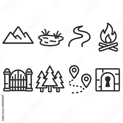 Journey Map Icons. Journey map icons linear set: mountain ridge, swamp patch, river bend, campfire site, old gate, dense woods, footpath markers, secret door symbol.