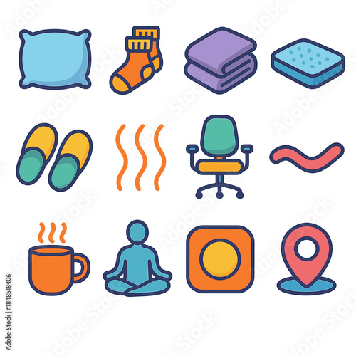 Cozy Comfort Icons. Physical Comfort Icons flat set: plush pillow, warm socks, cozy blanket fold, soft mattress icon, comfortable slippers, gentle heat wave, ergonomic chair,