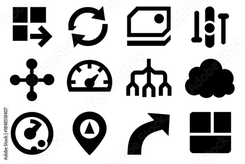 Brutalist Adaptive Icons. Adaptive Decision Environments silhouette set: dynamic rule tile, feedback signal loop, shifting context panel, adaptive threshold bar, scenario pivot