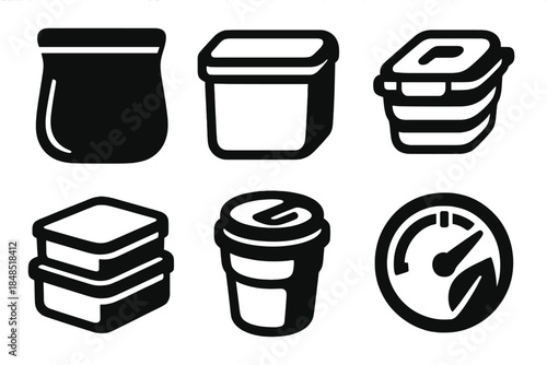Reusable Container Icons. Reusable Container Collection silhouette set: silicone pouch, stainless tin, collapsible tub, stackable box, snack holder, eco gauge.