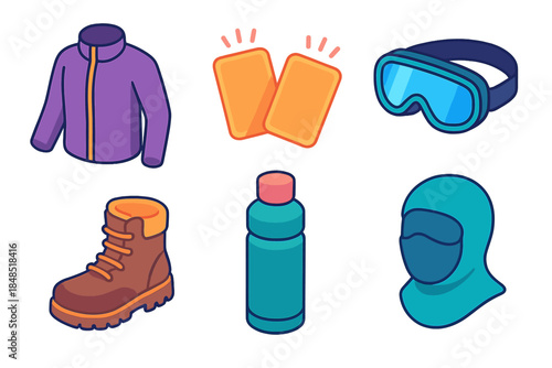 Winter Gear Icons. Winter Survival Set isometric flat set: fleece layer, hand warmers, snow goggles, sturdy boots, insulated bottle, face cover.