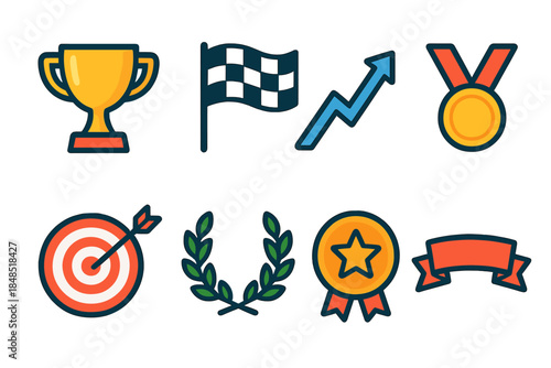 Vibrant Achievement Icons. Milestone Achievement Icons flat set: trophy cup, checkered flag, rising arrow, medal, target with arrow, laurel wreath, star badge, success ribbon.