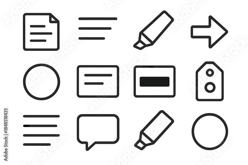 Concise Messaging Icons. Concise Messaging Icons linear set: brief note card, minimal text lines, sharp highlight, direct arrow, priority dot, trimmed content box, clarity strip,