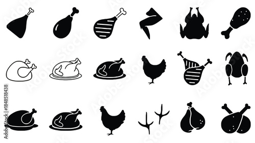 Various chicken and turkey icons in black and white