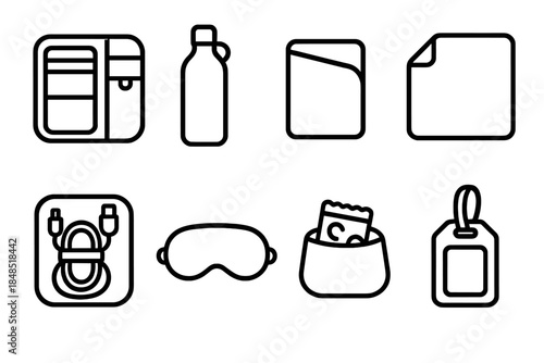 Travel Essentials Icons. On-the-go necessities linear set: travel organizer, reusable bottle, slim wallet, mini towel, cable kit, eye mask, snack pouch, ID tag.