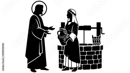 Biblical scene of Jesus and woman at the well in silhouette