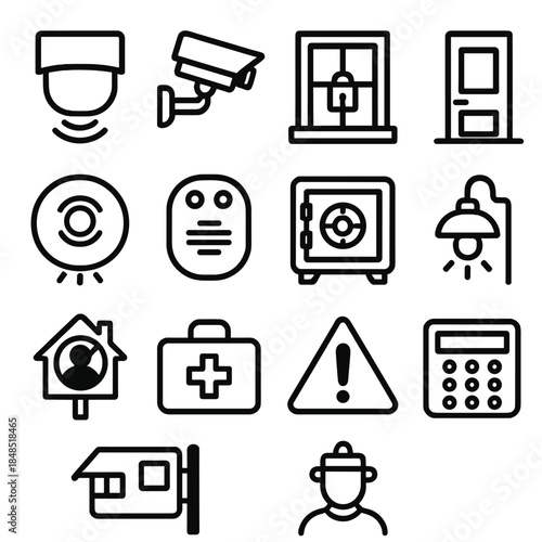 Home Safety Icons. Home Safety Measures linear set: motion sensor, security camera, window lock, reinforced door, smoke detector, carbon monoxide alarm, home safe, outdoor light,