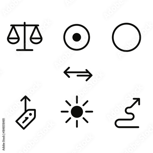 Decision Icons Set. Balance-Oriented Decision Making Icons Set linear set: balanced scale, center dot, dual arrows, calm ring, decision fork, priority tag, clarity beam, steady