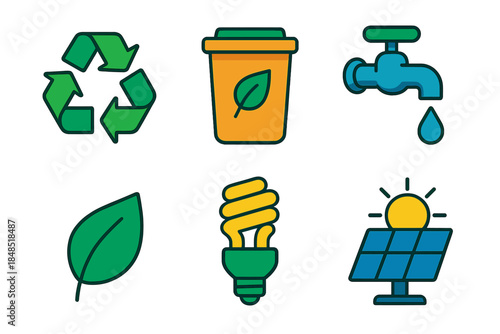 Eco-Friendly Icon Set. Sustainable Practices isometric flat set: recycling loop, compost bin, water-saving tap, solar ray, green leaf, energy-efficient bulb.