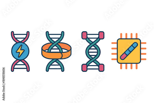DNA Preservation Icons. DNA Preservation Modules flat set: damage-sensing mote, correction-loop band, chromatin-stabilizer chip.