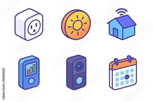 Smart Home Icons. Intelligent Living Features isometric flat set: smart plug, ambient light sensor, home hub, air quality meter, doorbell cam, schedule icon.