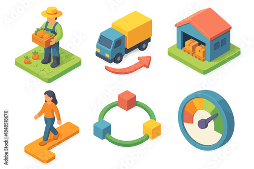 3D Food Supply Icons. Regional Food Supply Frameworks flat isometric set: local producer tile, transport connection arrow, distribution center icon, consumer access path, supply