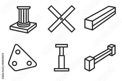 Structural Components Icons. Heavy Load Components linear set: column base, steel brace, structural plank, gusset plate, support strut, load transfer bar.